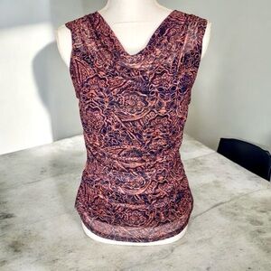Cable & Gauge Floral Ruched Draped Neck Mesh Sleeveless Top Size Red/Blue Small